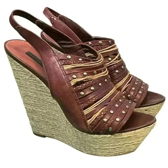 STEVEN by Steve Madden Wedge Sling Back Leather Braided Rope Stud Detail Shoe - Picture 14 of 14